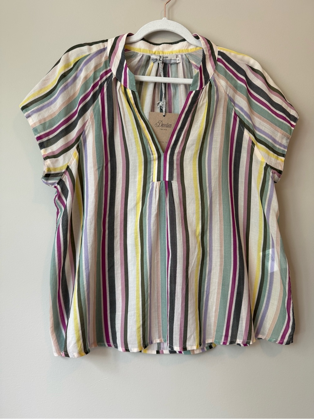 Devotion Twins NWT Multicolor Striped Cotton Blouse Size S V-Neck Tie